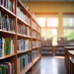 Bookshelves with many books in the library blurred background | Premium AI-generated image